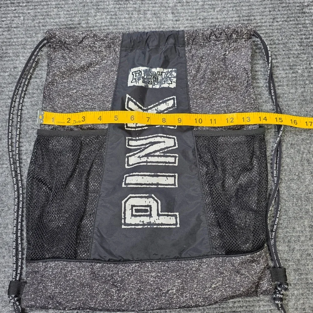PINK Victoria's Secret‎ Drawstring Backpack Black Heathered Mesh Pockets Logo